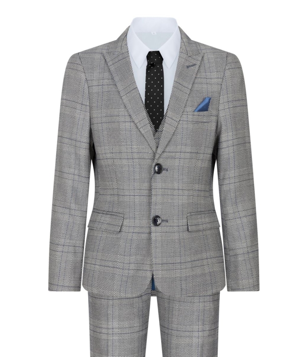 Boys Marc Darcy 3 Piece Suit Grey Prince Of Wales Blue Check Vintage Retro