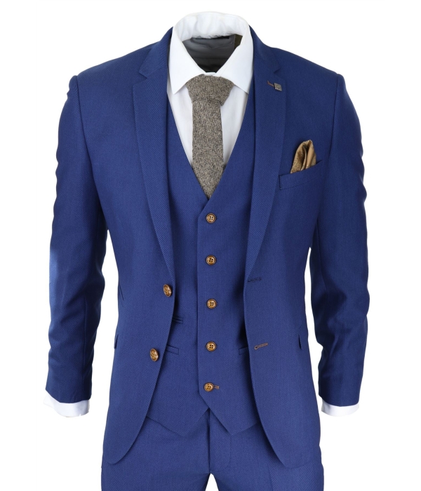 Mens Royal Blue 3 piece Suit Brown Trim Classic Birdseye Vintage Wedding Grooms