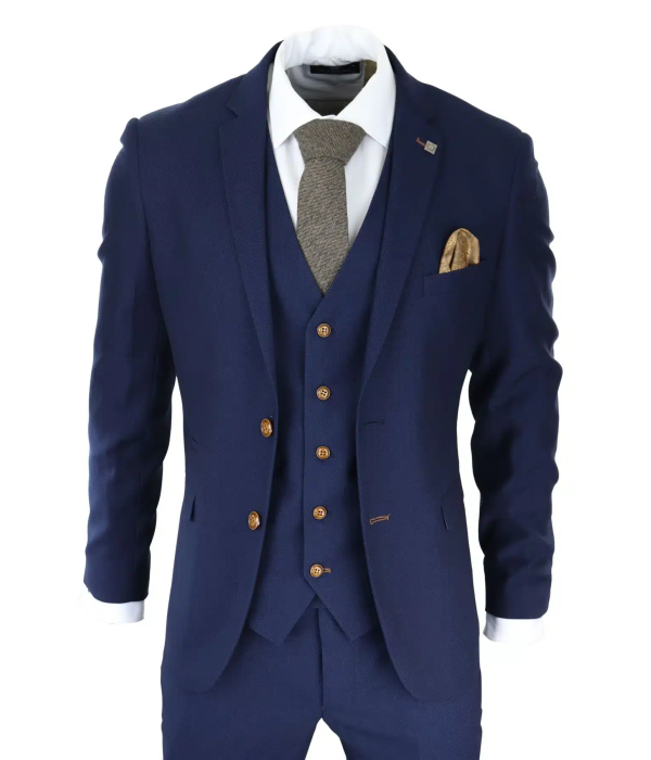 Mens Navy 3 piece Suit Brown Trim Classic Birdseye Vintage Wedding Grooms