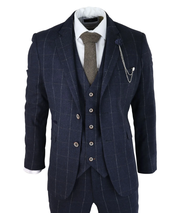 Mens Navy Check 3 Piece Suit Wool Tweed Classic 1920s Vintage Tailored Fit Wedding