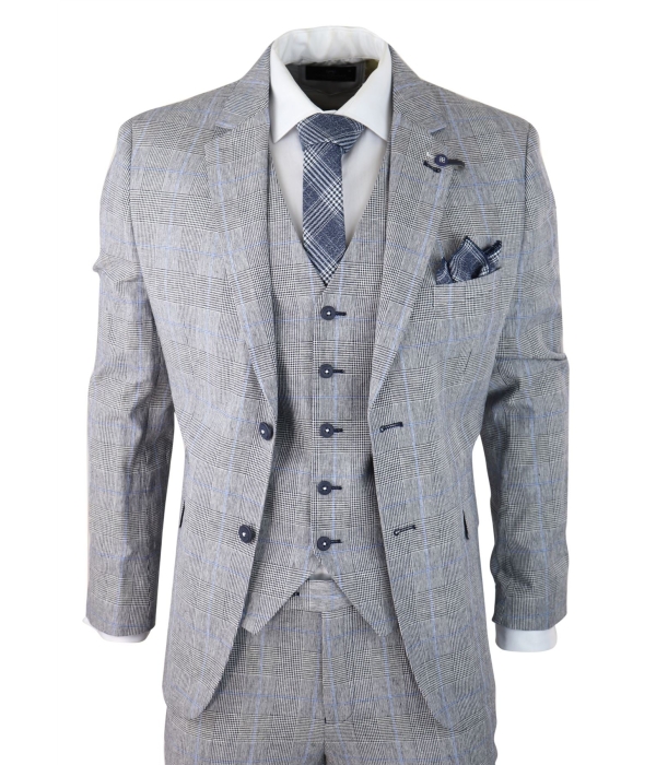 Mens 3 Piece Summer Suit Grey Check Blue Black Tailored Fit Classic Wedding Formal