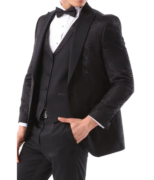 Mens 3 Piece Black Tuxedo Formal Wedding Prom Party Satin Bow Tie Dinner Suit