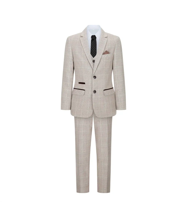 Boys Check Tweed Beige Brown 3 Piece Suit Wedding Vintage Retro Classic