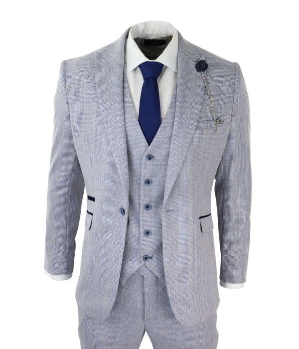 Mens 3 Piece Check Suit Tweed Light Blue Tailored Fit Wedding Peaky Classic