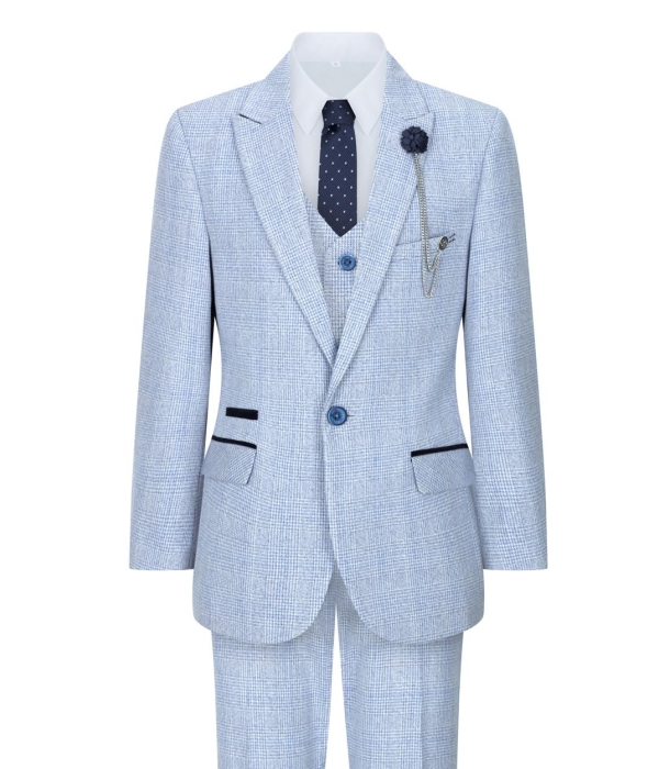 Boys 3 Piece Check Suit Tweed Light Blue Tailored Fit Wedding Peaky Classic