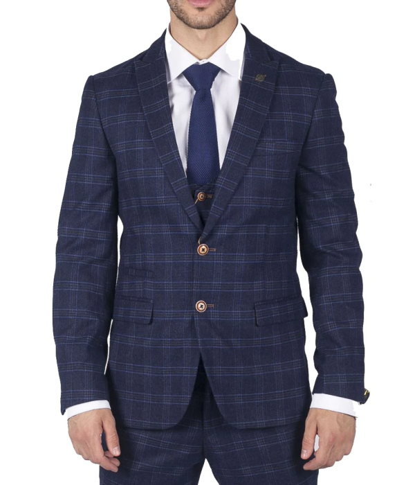 Mens Marc Darcy Blue Check Prince Of Wales 3 Piece Suit Smart Casual Slim Fit Chigwell