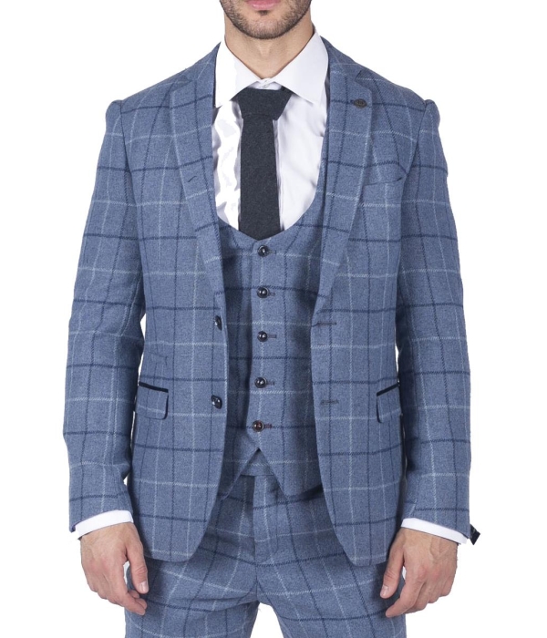 Mens Marc Darcy Light Blue Navy Check 3 Piece suit Smart Casual Tweed Slim Fit Clinton