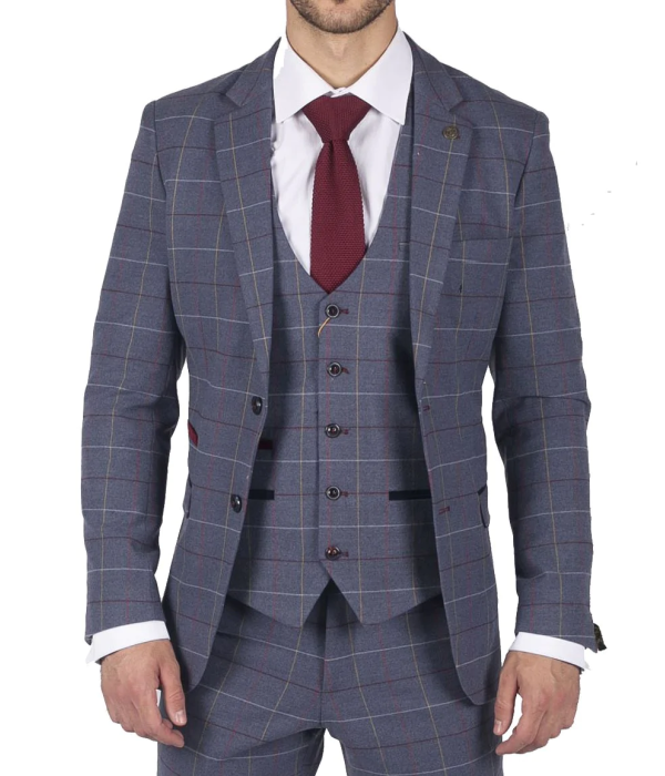 Mens Marc Darcy Blue Grey Red Check 3 Piece Suit Smart Casual Tweed Slim Fit Drake