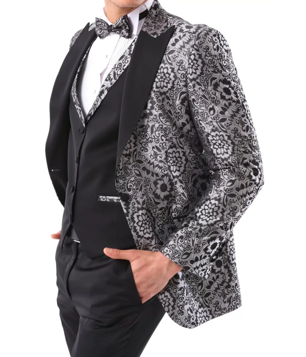 Mens Silver Floral Black Tuxedo Suit 3 Piece Wedding Prom Party Grooms Ceremony