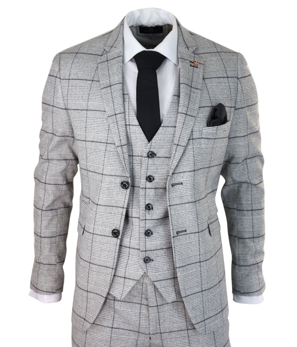 Mens Grey Check Black Tweed 3 Piece Suit Vintage Classic 1920s Wedding