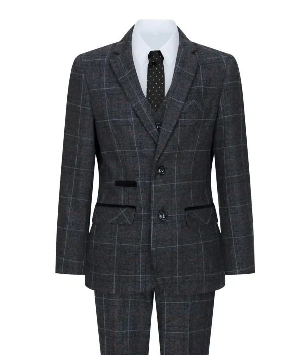 Boys Grey Black 3 Piece Tweed Suit Herringbone Wine Vintage Retro