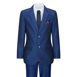 Boys 3 Piece Shiny Blue Wedding Party Suit Tailored Fit Smart Formal
