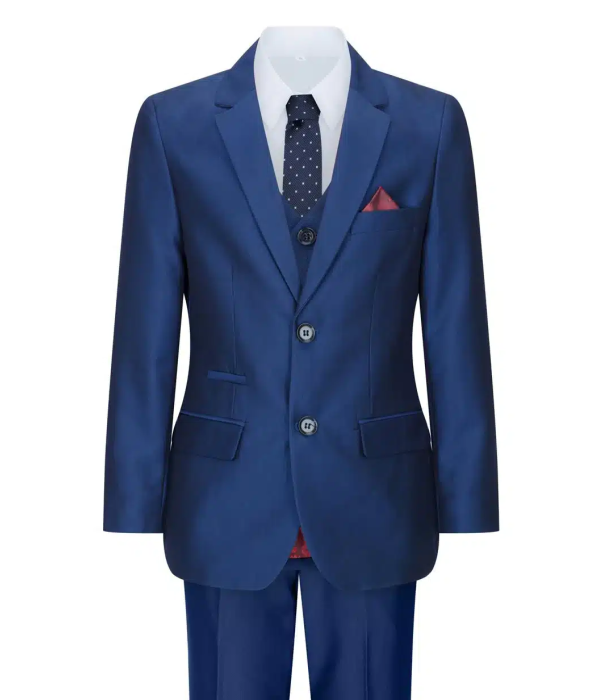 Boys 3 Piece Shiny Blue Wedding Party Suit Tailored Fit Smart Formal
