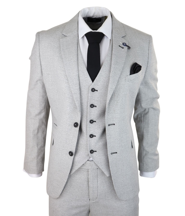 Mens 3 Piece Light Grey Black Check Suit Tailored Fit Retro Vintage Classic Smart