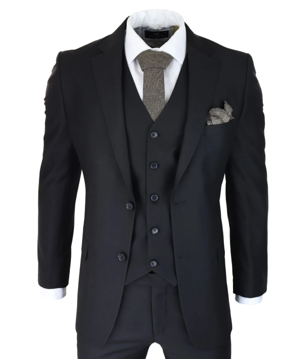 Mens Classic Black 3 Piece Suit Slim Fit Vintage Retro 2 Button Smart Formal
