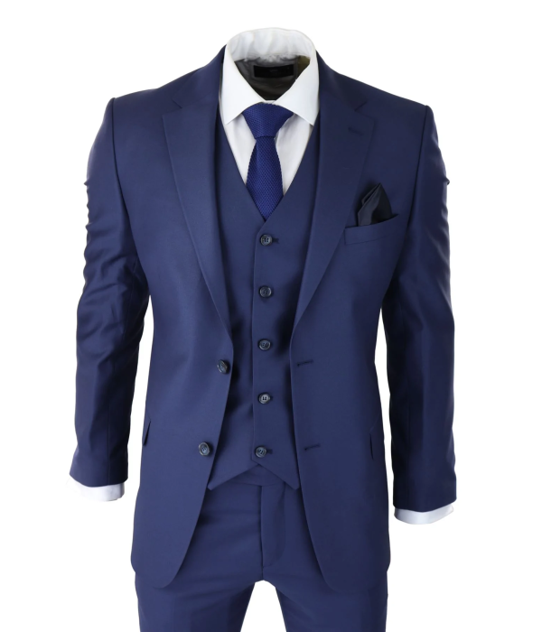 Mens Classic Navy Blue 3 Piece Suit Slim Fit Vintage Retro Smart Formal Wedding