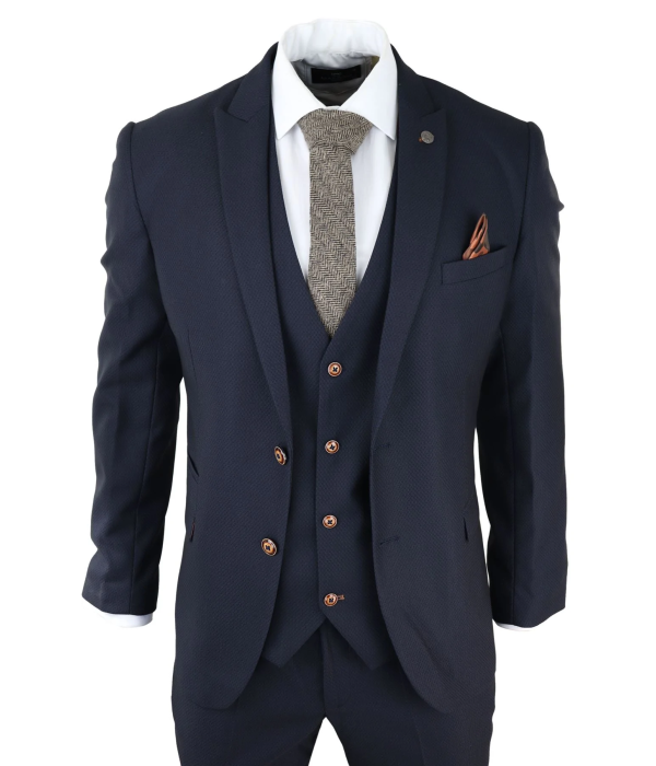 Mens 3 Piece Birdseye Navy Blue Suit Slim Fit Marc Darcy Max Classic 1920s Vintage
