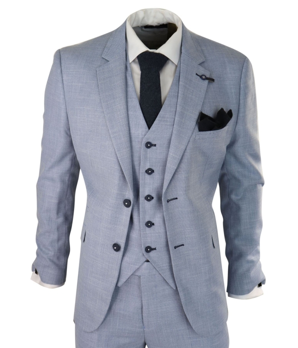 Mens 3 Piece Suit Light Blue Summer Linen Tailored Fit Wedding Prom Classic