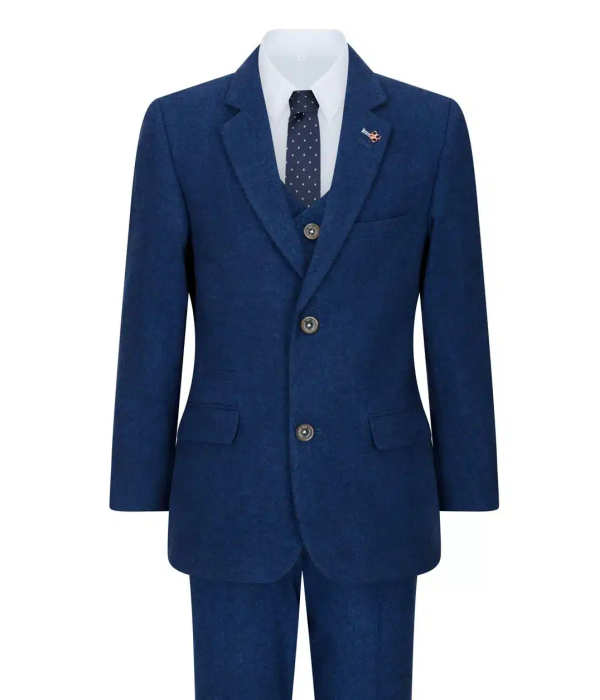 Boys 3 Piece Wool Suit Blue Tweed Vintage 1920s Classic 4 Pocket Waistcoat