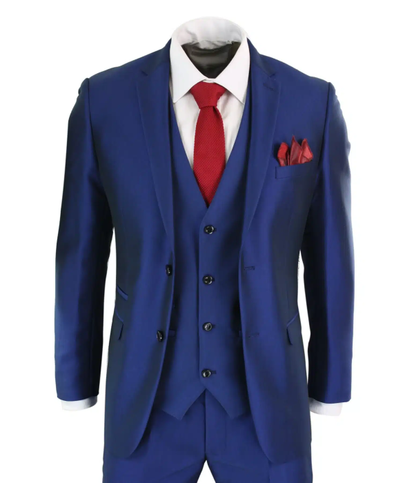 Mens 3 Piece Shiny Blue Wedding Prom Party Suit Tailored Fit Smart Formal