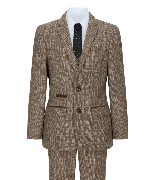 Boys 3 Piece Brown Suit Tweed Check Vintage Retro Tailored Fit 1920s
