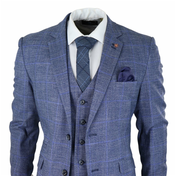 Mens 3 Piece Suit Blue Prince Of Wales Check Tailored Fit Summer Classic Vintage