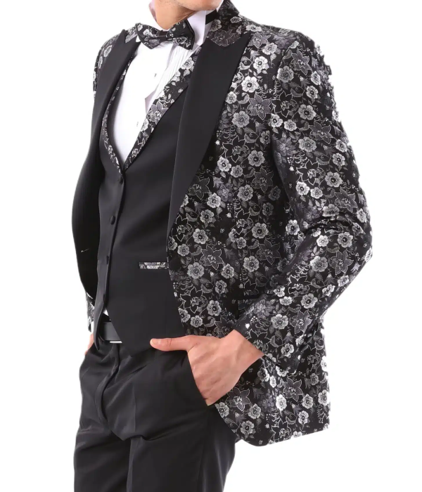 Mens Black Silver Paisley Tuxedo Suit 3 Piece Wedding Prom Party Grooms Tailored