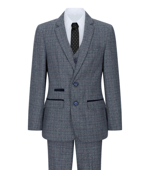 Boys 3 Piece Suit Navy Blue Tweed Check Vintage Retro Tailored Fit 1920s