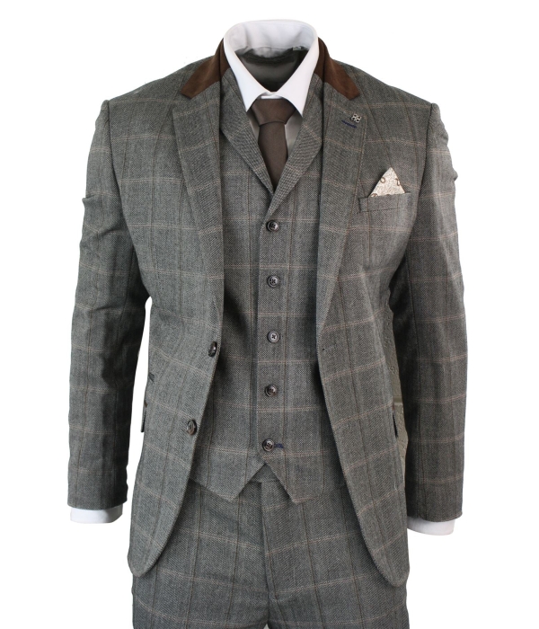 Mens Check Tweed 3 Piece Blue Navy Suit Vintage Retro Tailored Fit Prince Of Wales