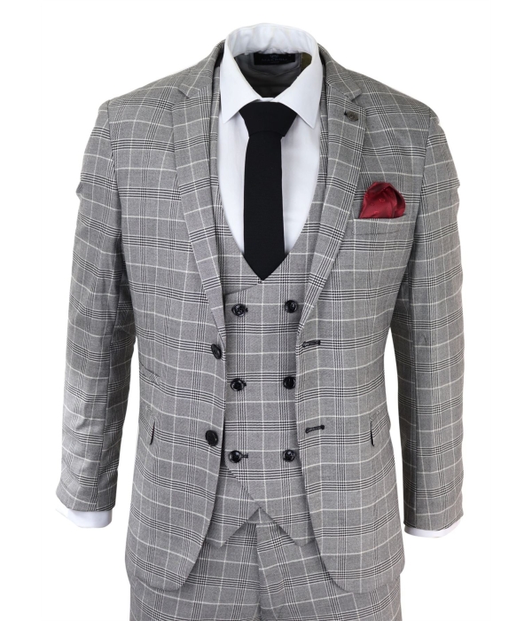 Mens Marc Darcy Grey Prince Of Wales Check Suit Ross Office Wedding Slim Fit Classic