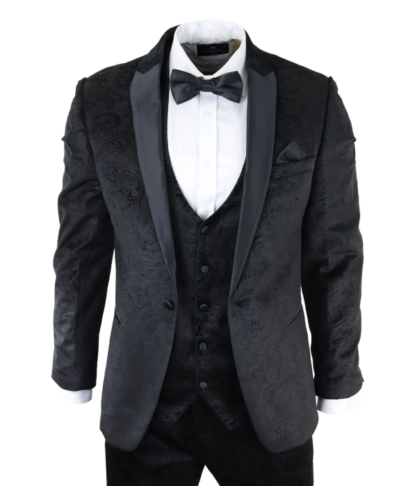 Mens Marc Darcy Velvet Paisley Black Fit 3 Piece Suit Tuxedo Dinner Jacket Wedding