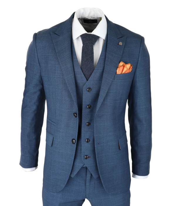 Mens 3 Piece Prince Of Wales Check Suit Blue Classic Light Tailored Fit Modern