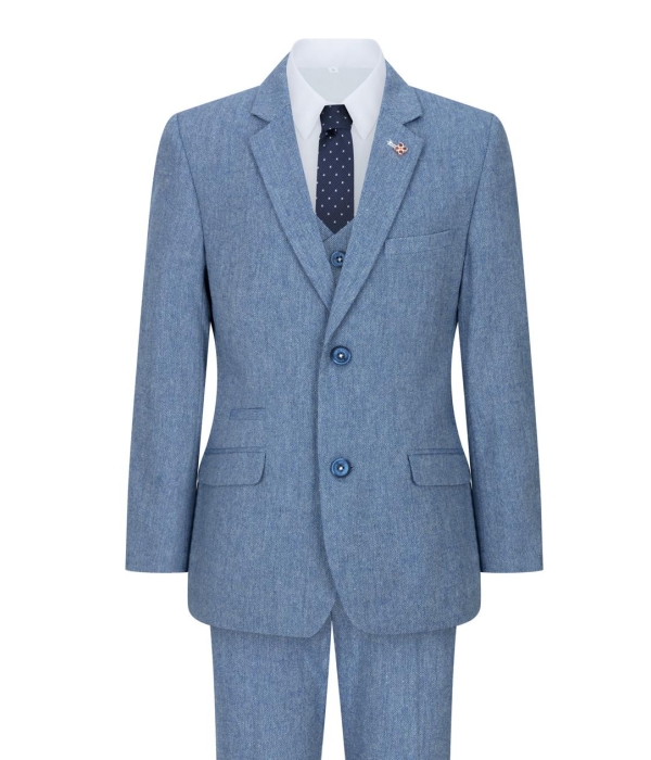 Boys 3 Piece Wool Suit Light Blue Tweed Vintage 1920s Classic 4 Pocket Waistcoat