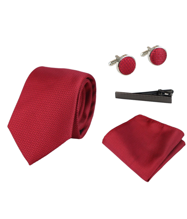 Satin Silk Textured Red Tie Gift Set Pocket Square Cuff Links Tie Matt Satin