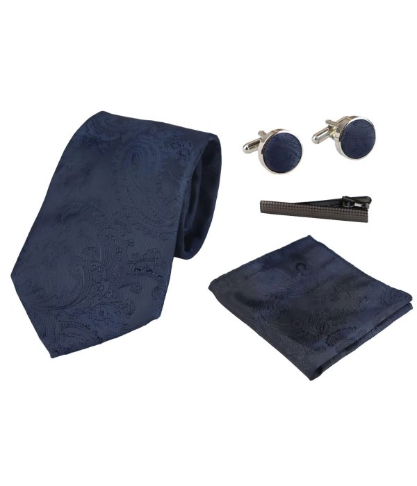 Paisley Neck Navy Tie Gift Set Pocket Square Cuff Links Tie Floral Satin