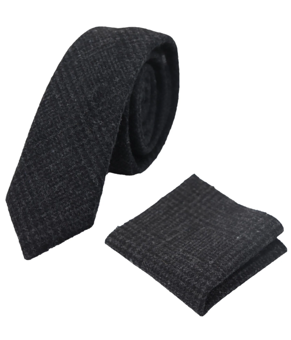Compare Color Mens Tweed Herringbone Tie Pocket Square Check Classic Black Color