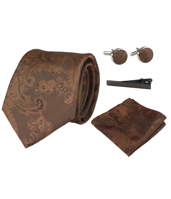 Paisley Neck Brown Tie Gift Set Pocket Square Cuff Links Tie Floral Satin