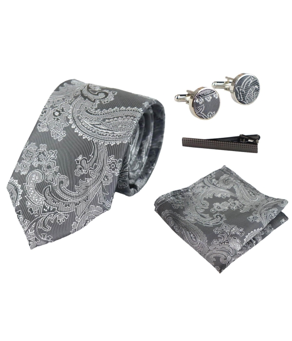 Paisley Neck Grey Tie Gift Set Pocket Square Cuff Links Tie Floral Satin