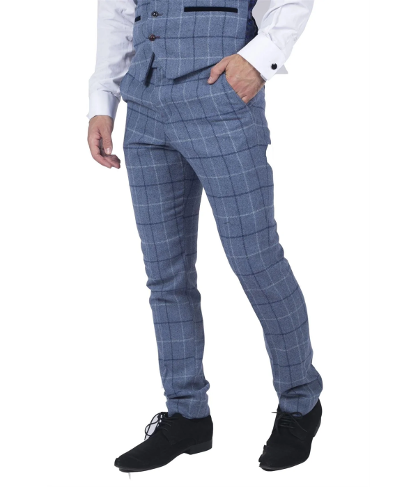 Mens Marc Darcy Light Blue Navy Check Trousers Smart Casual Tweed Slim Fit Clinton