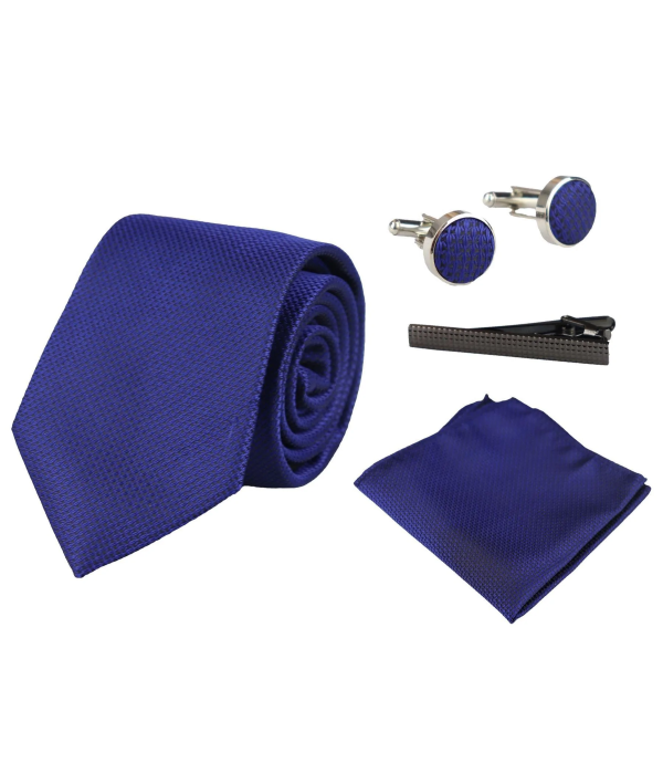 Satin Silk Textured Blue Tie Gift Set Pocket Square Cuff Links Tie Matt Satin