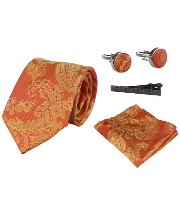 Paisley Neck Orange Tie Gift Set Pocket Square Cuff Links Tie Floral Satin