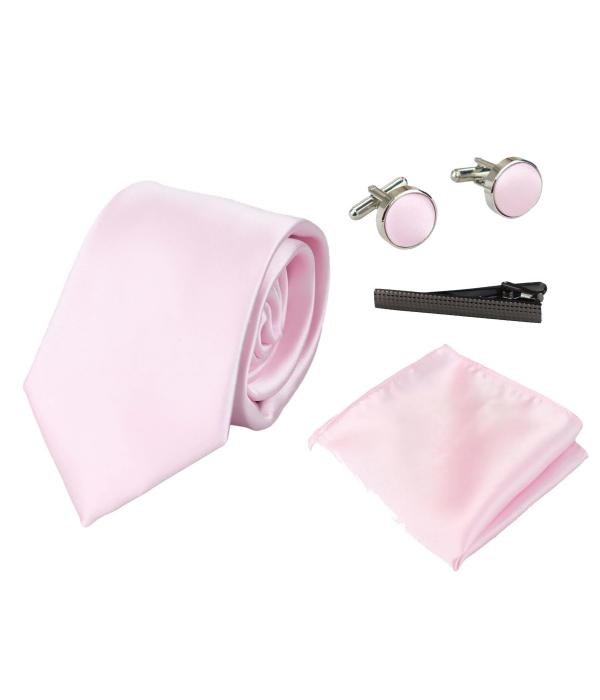 Satin Silk Pink Tie Gift Set Pocket Square Cuff Links Tie Shiny Satin
