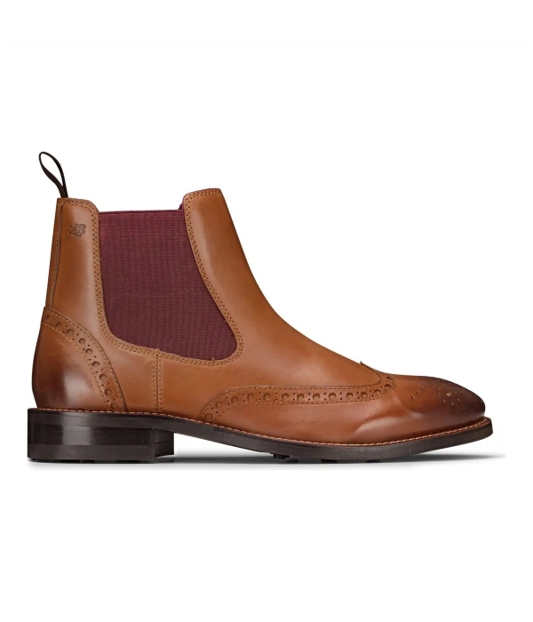 Mens Slip On Real Leather Brogue Boots Brown Tan Classic Smart Formal London