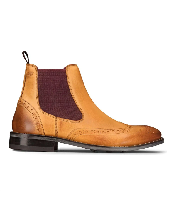 Mens Slip On Real Leather Brogue Boots Brown Tan Classic Smart Formal London