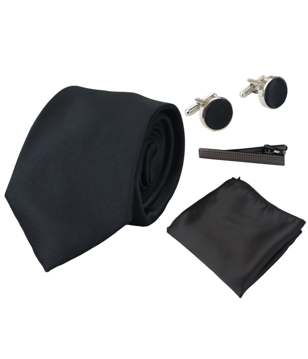Satin Silk Black Tie Gift Set Pocket Square Cuff Links Tie Shiny Satin