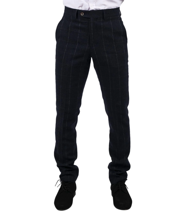 Mens Navy Check Trousers Wool Tweed Classic 1920s Vintage Tailored Fit Wedding