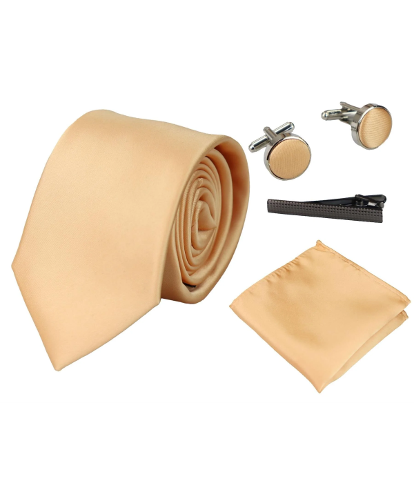 Satin Silk Gold Tie Gift Set Pocket Square Cuff Links Tie Shiny Satin