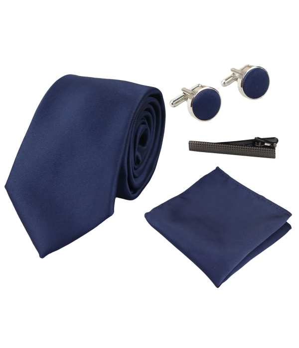 Satin Silk Navy Tie Gift Set Pocket Square Cuff Links Tie Shiny Satin
