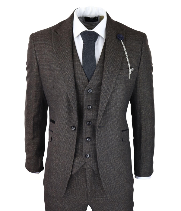 Mens 3 Piece Check Suit Tweed Black Brown Tailored Fit Wedding Peaky Classic