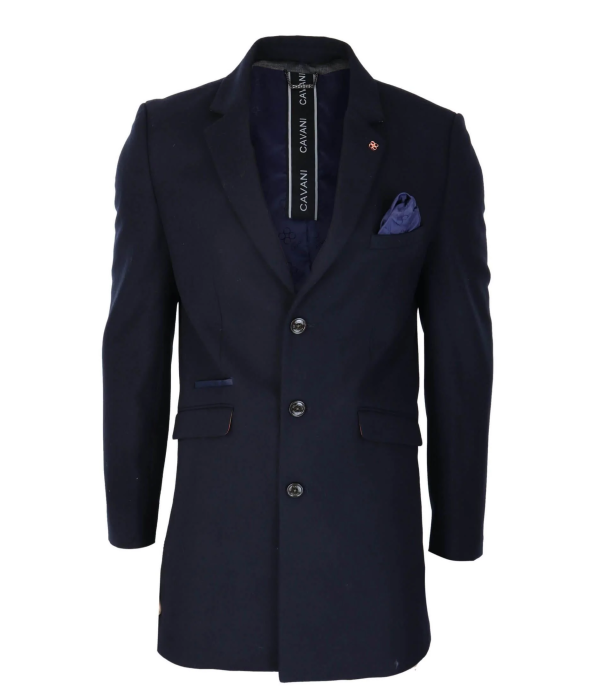 Cavani Mens Classic 3/4 Length Navy Overcoat